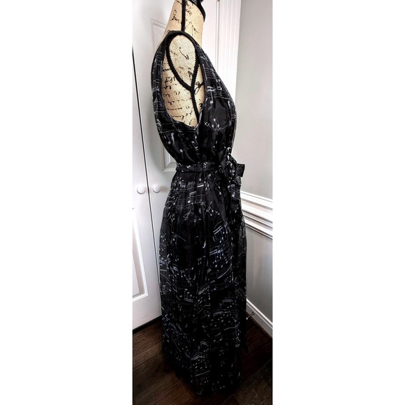 Samuel Dong Black Musical Note Print Maxi Dress Sleeveless Tie Waist Full Skirt - Picture 3 of 12